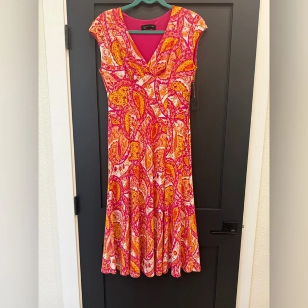 NWT Jones New York Fuchsia Pink and Orange Paisley Midi Dress Size 8 - Picture 1 of 13